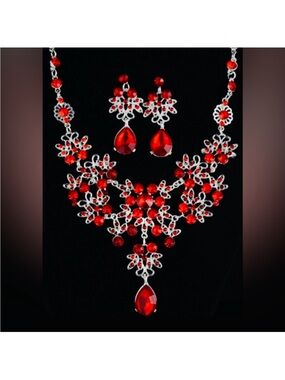 Red Crystal Floral Statement Necklace & Earring Set - Jewelry FINAL PRICE DROP